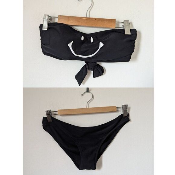 MOSCHINO Swim black embroidered white smiley face bandeau top bottoms bikini set - Picture 1 of 11